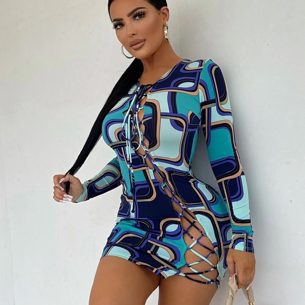 Fashion Nova laced tie mini long sleeve dress